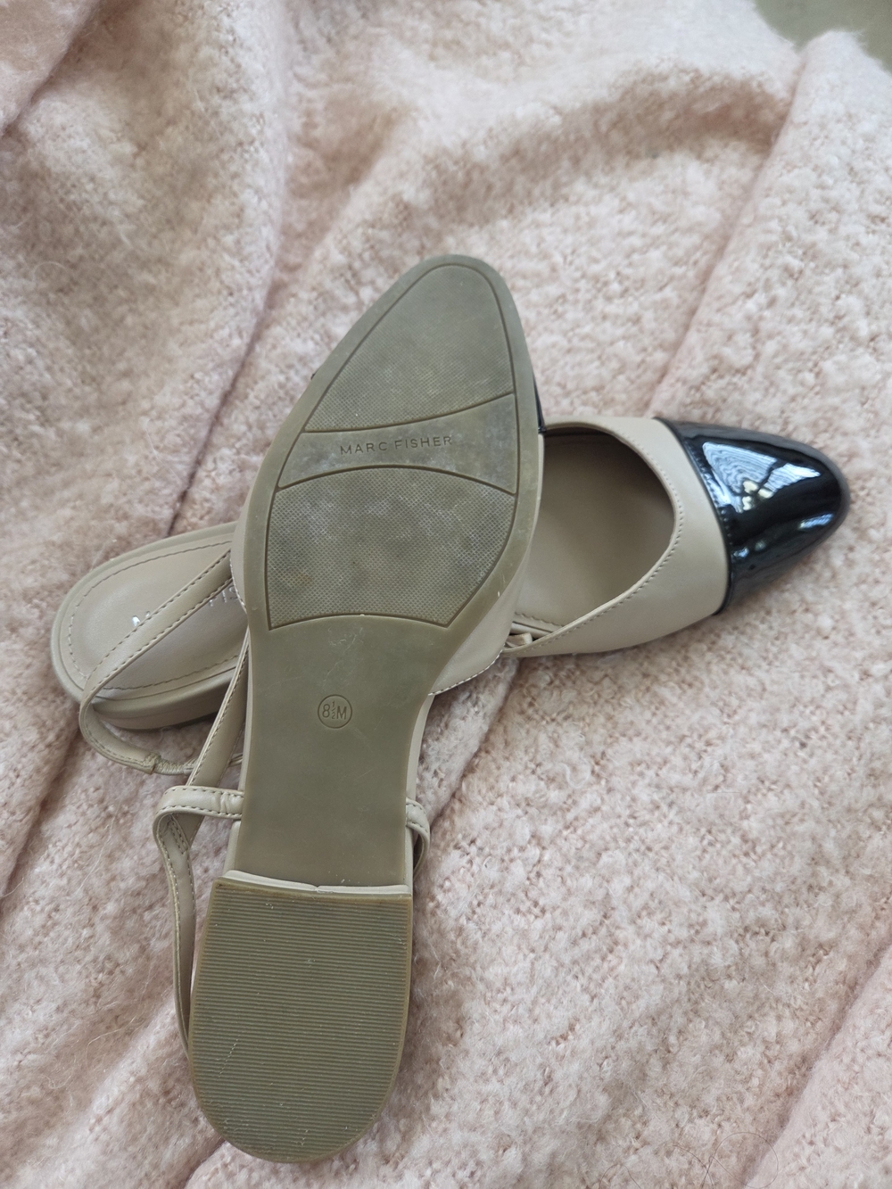 Marc Fisher Beige & Black Cap Toe Slingback Flats - Picture 4 of 6